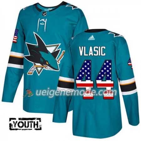 Kinder Eishockey San Jose Sharks Trikot Marc-Edouard Vlasic 44 Adidas 2017-2018 Teal USA Flag Fashion Authentic